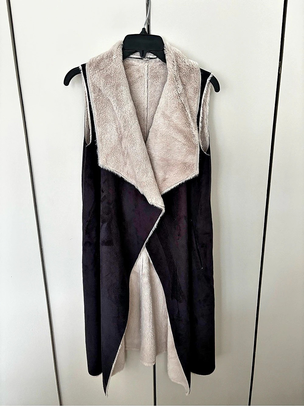 Faux-Fur and Suede Draped Vest in Black & Cream Like New